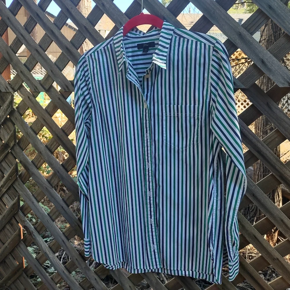 J Crew Green and White Striped Shirt - Picture 2 of 10